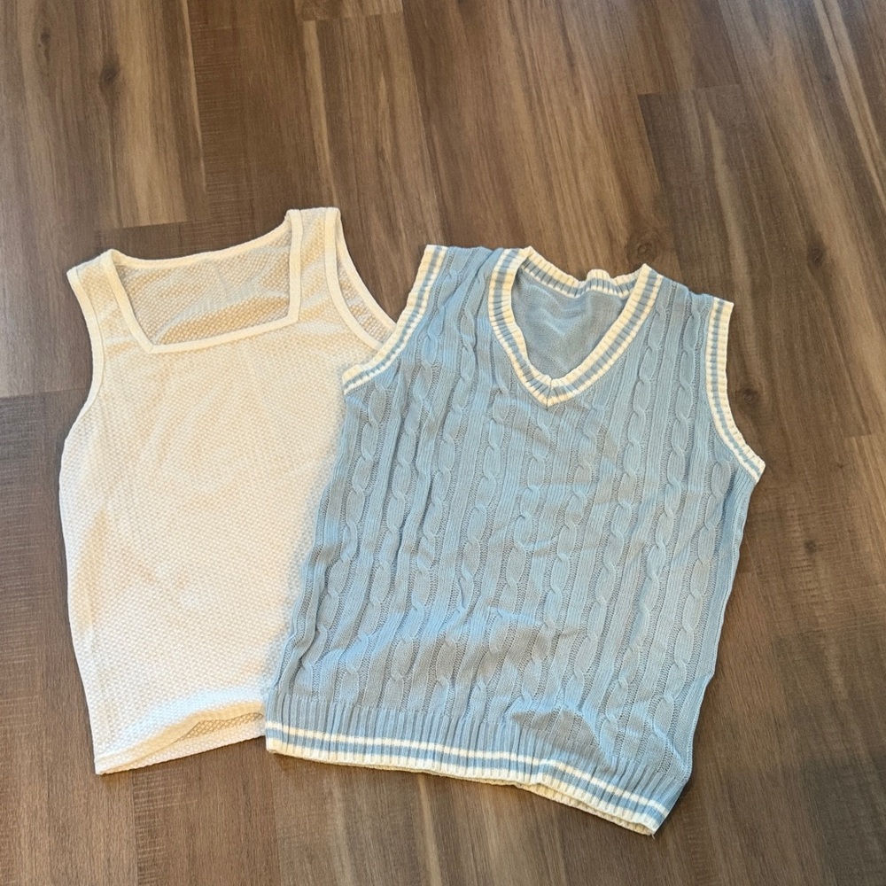 Cream and Blue Knit Tank Tops